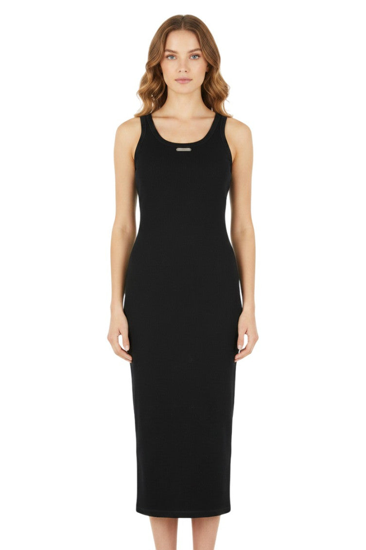 Black Textured Crew Neck Midi Dress 3