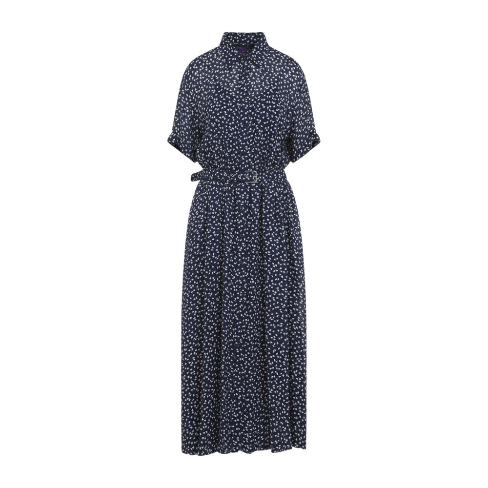 Navy Printed Mandarin Collar Midi Dress 1