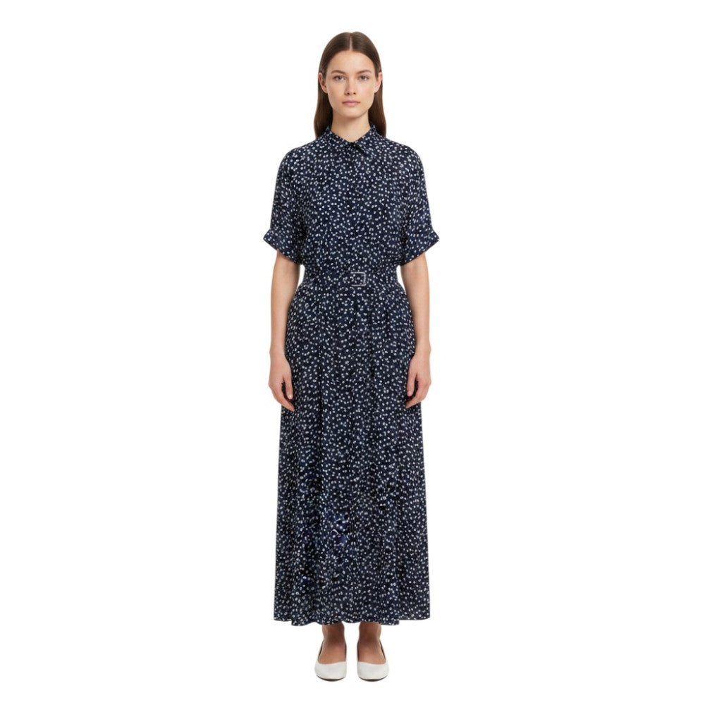 Navy Printed Mandarin Collar Midi Dress 3