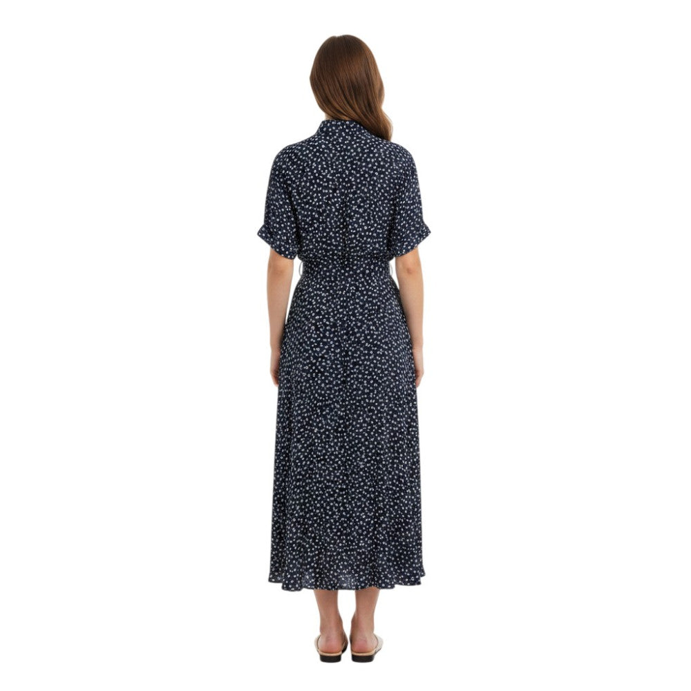 Navy Printed Mandarin Collar Midi Dress 4