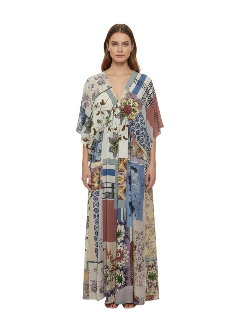 Multicolor Printed V Neck Maxi Dress 1