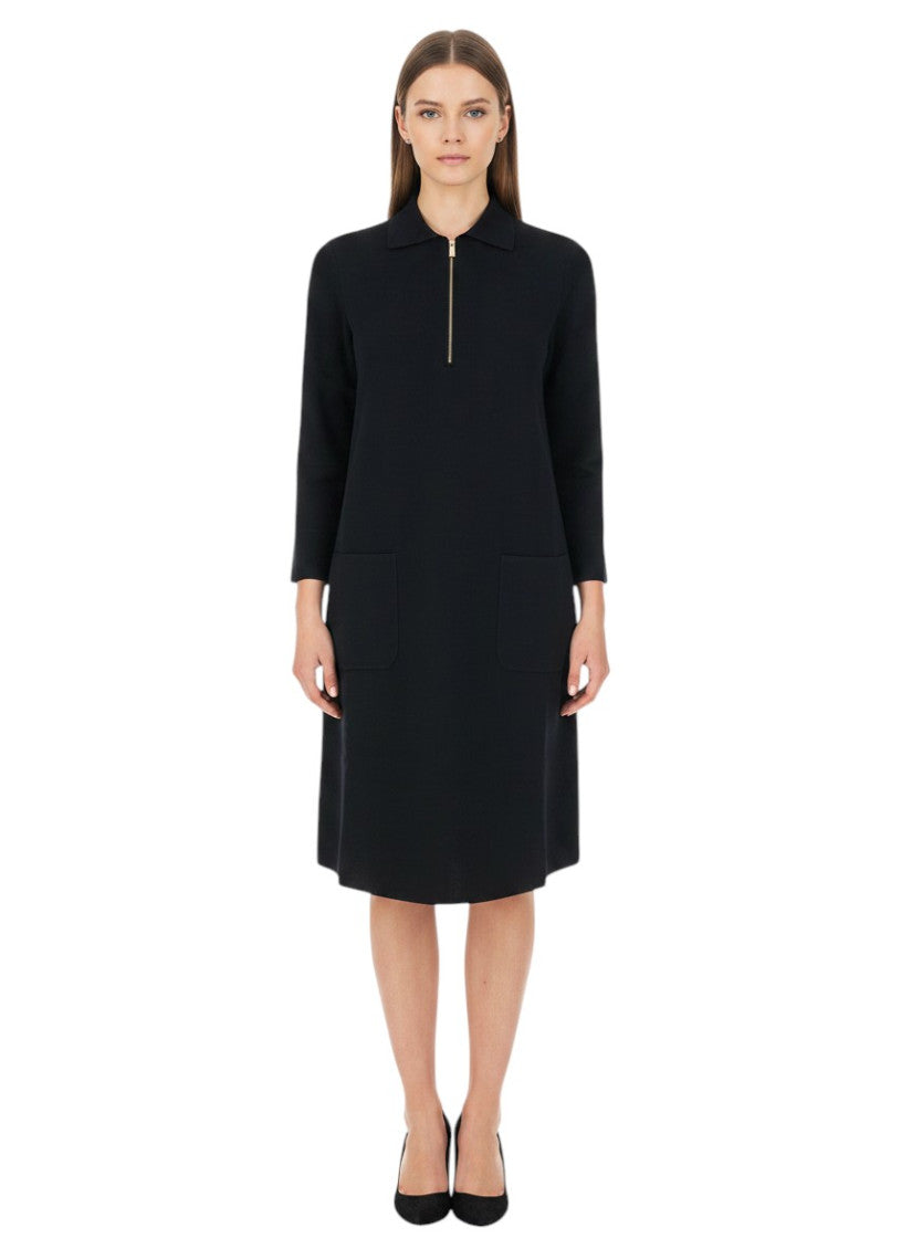 Black Shirt Collar Knee Length Dress 1