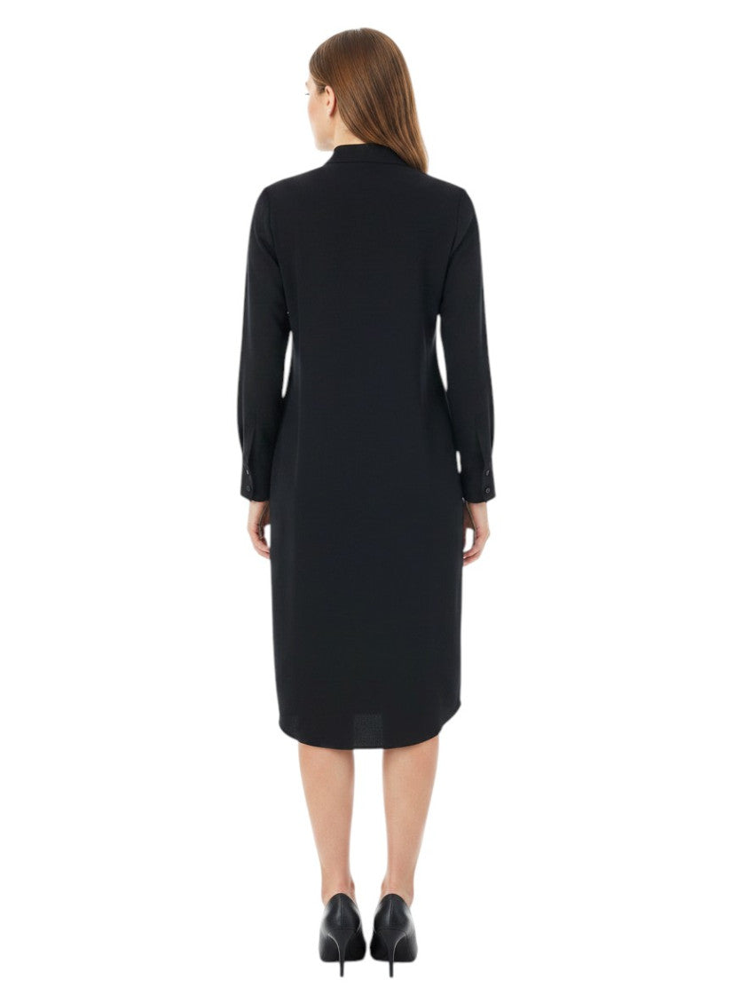 Black Shirt Collar Knee Length Dress 2