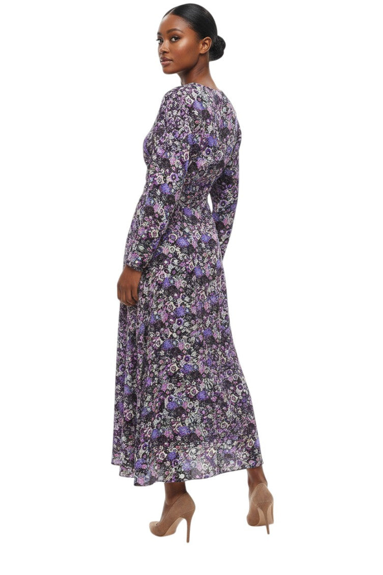 Purple Floral Crew Neck Midi Dress 2