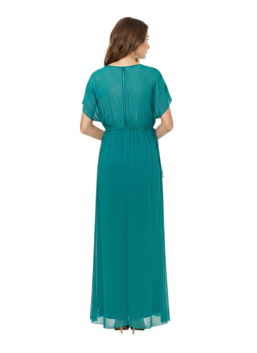 Green Solid V Neck Maxi Dress 2