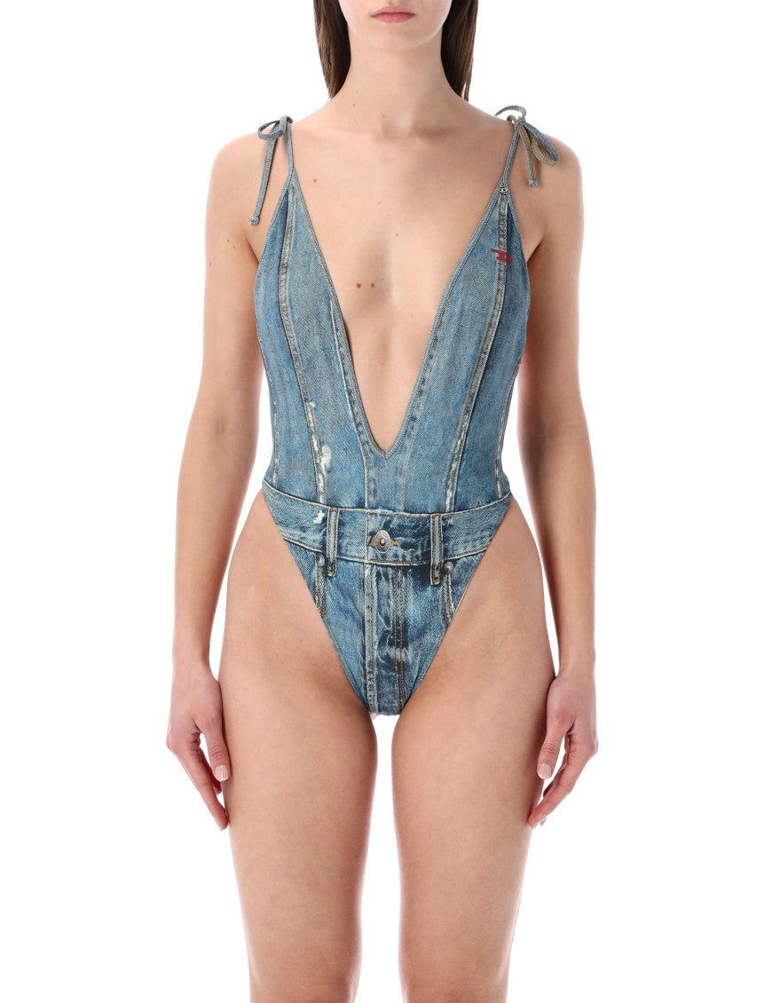 Light Blue Plunging Neck Swimsuit 1