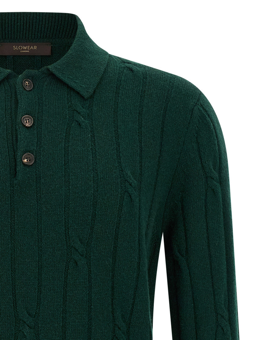 Dark Green Braided Wool Polo Shirt 3