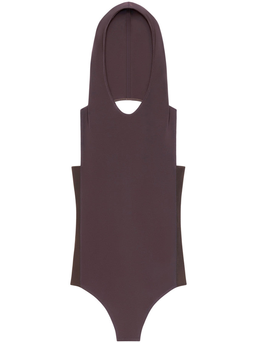 Dark Brown Illusion Hooded Bodysuit 1
