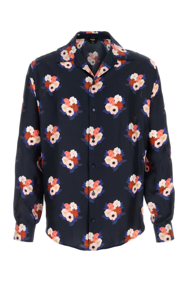 Dark Blue Floral Printed Silk Shirt 1