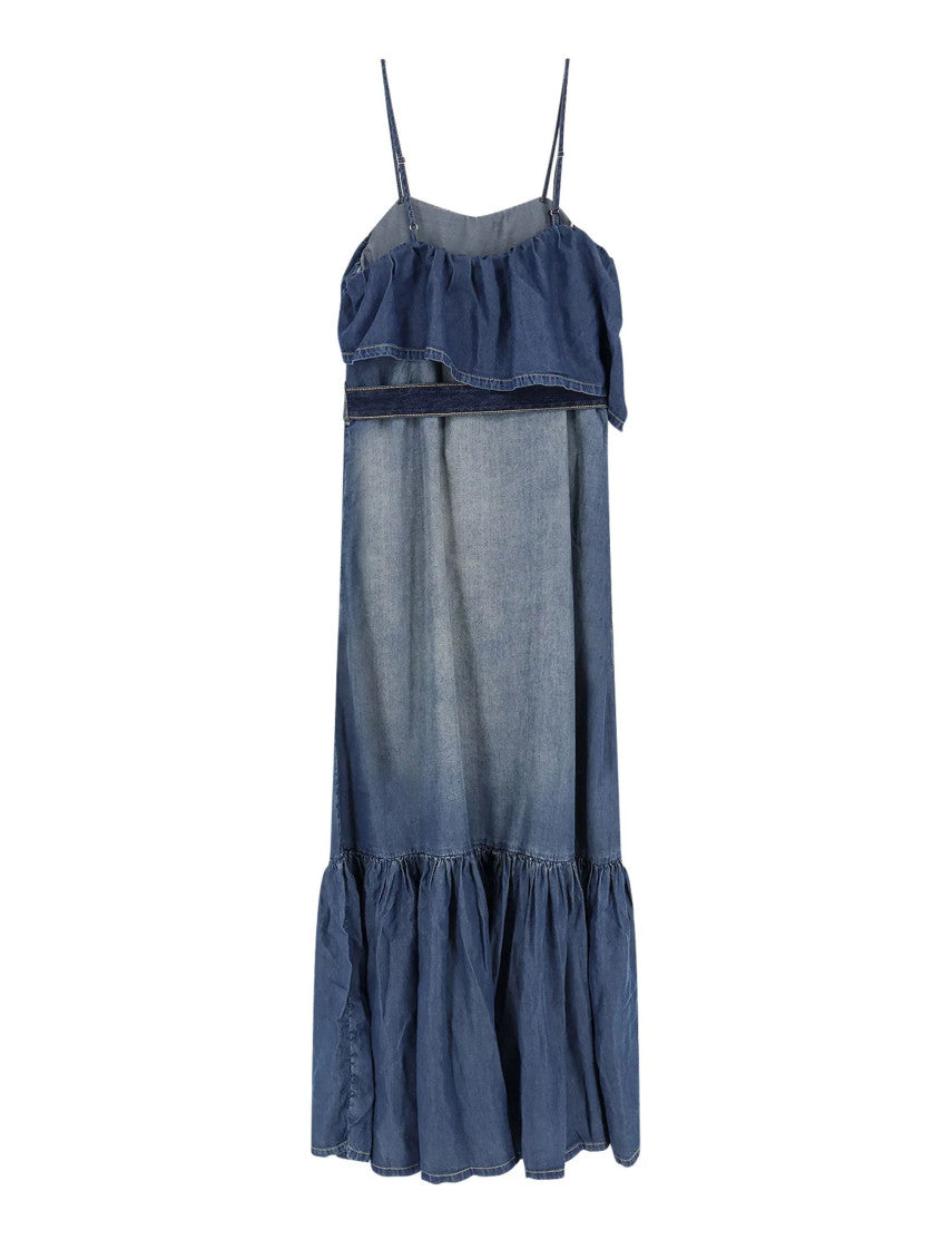Blue Ruffled Belted Denim Maxi Dress 2