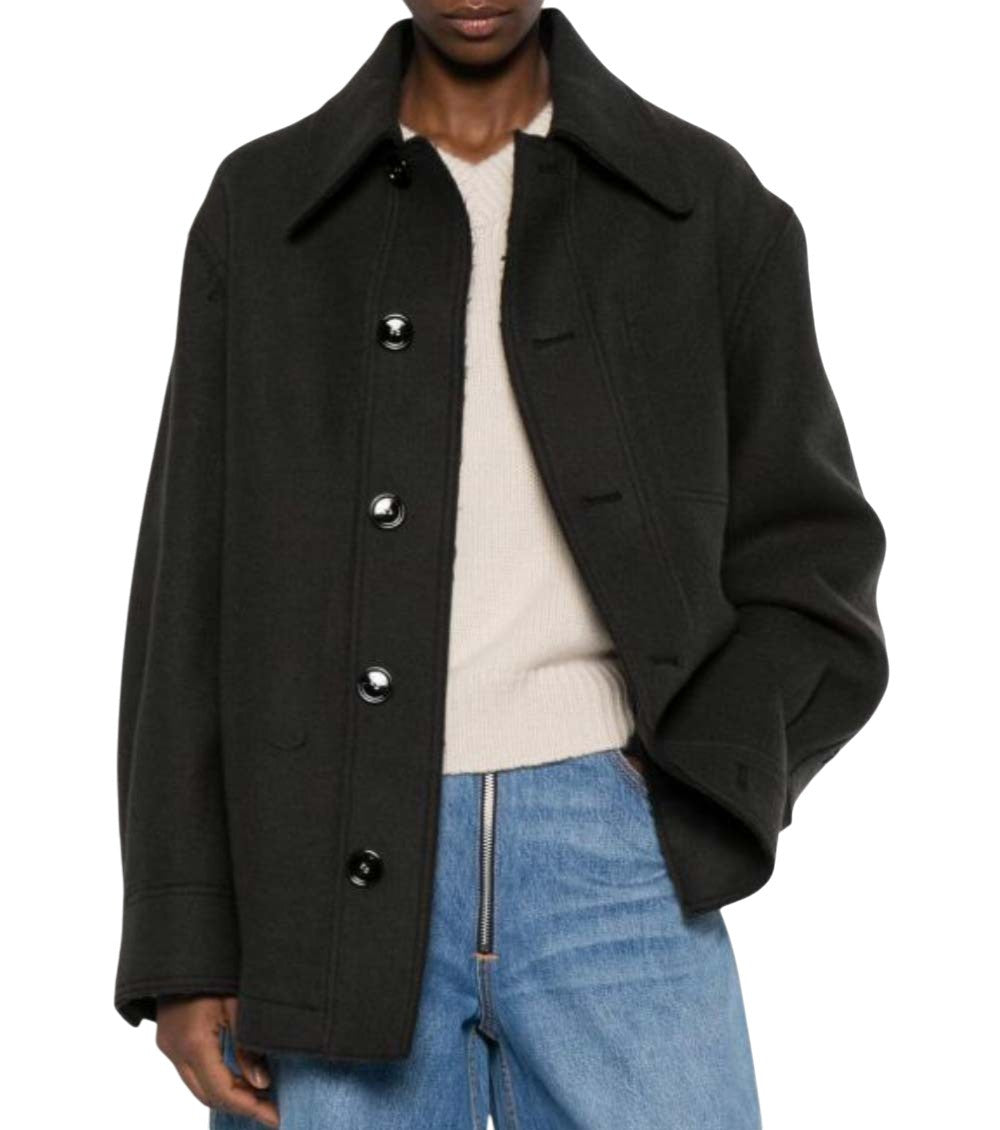 Black Solid Shirt Collar Jacket 2