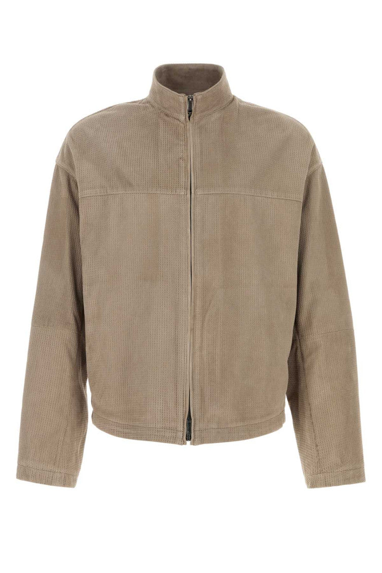 Taupe Textured Band Collar Jacket 1