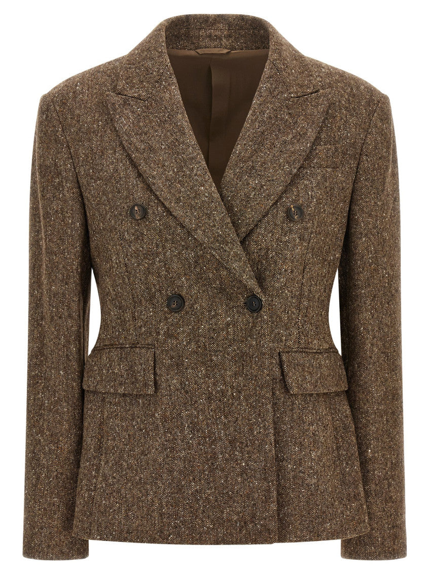 Brown Textured Peaked Lapel Blazer 1