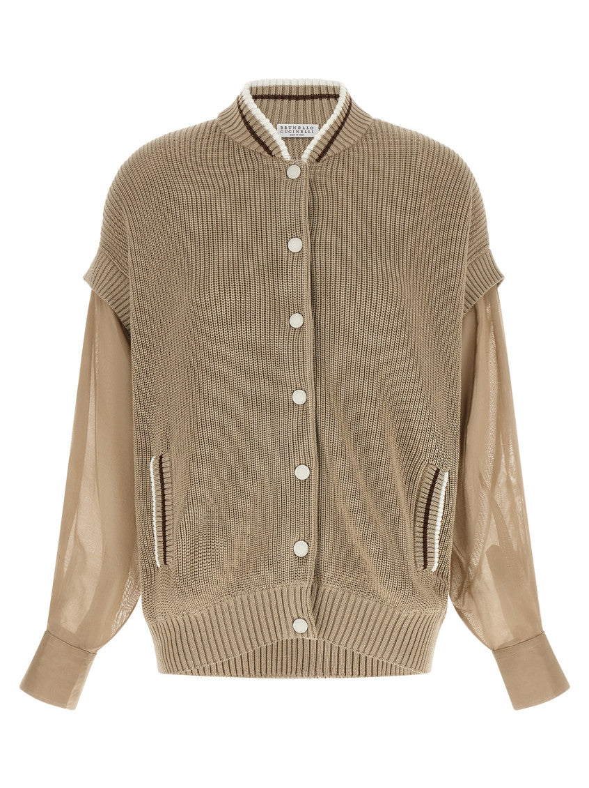 Beige Knitted Mock Collar Cardigan 1