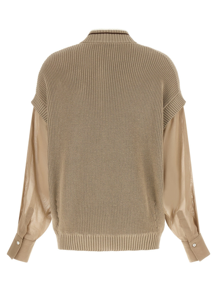Beige Knitted Mock Collar Cardigan 2