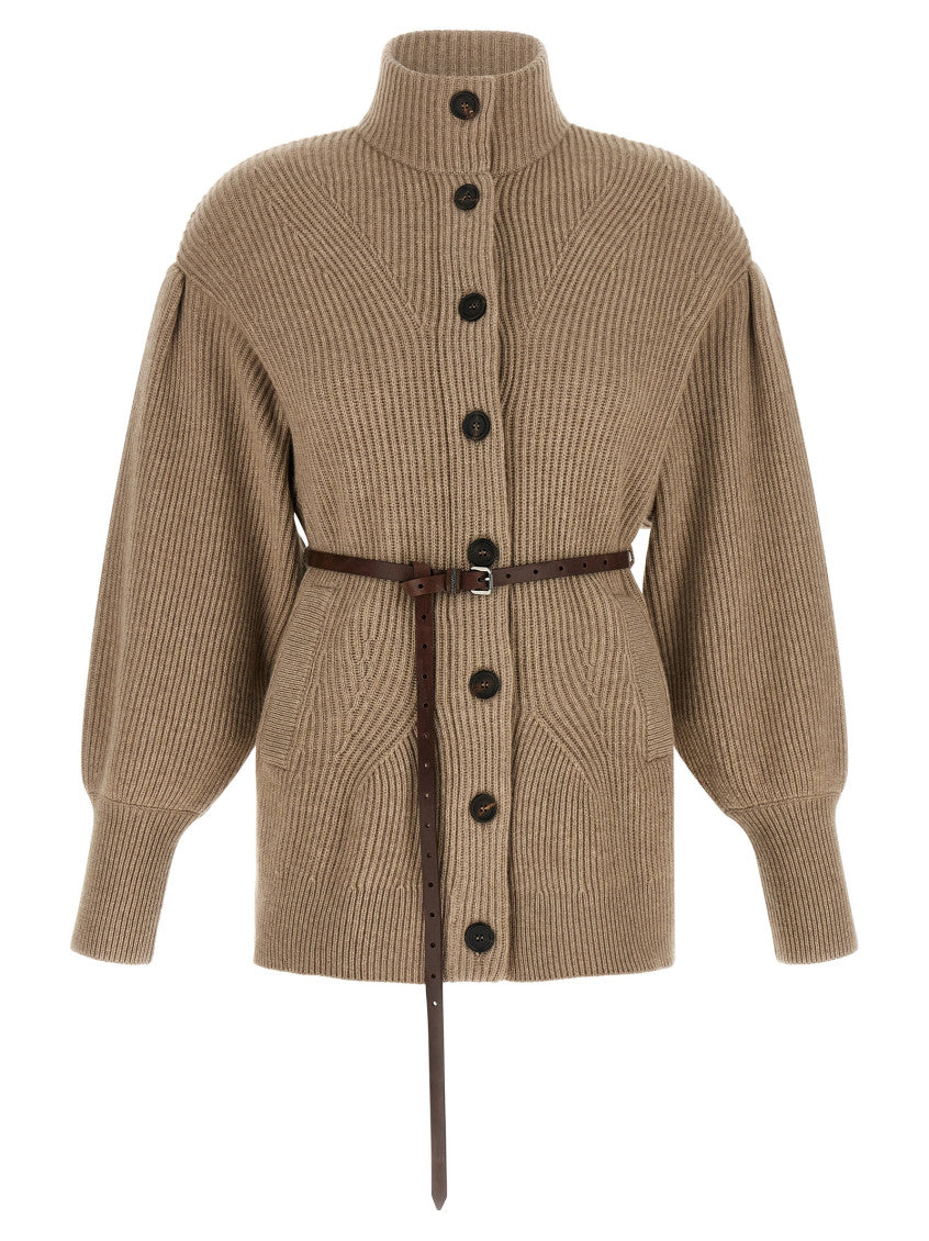 Beige Knitted Mock Collar Cardigan 1