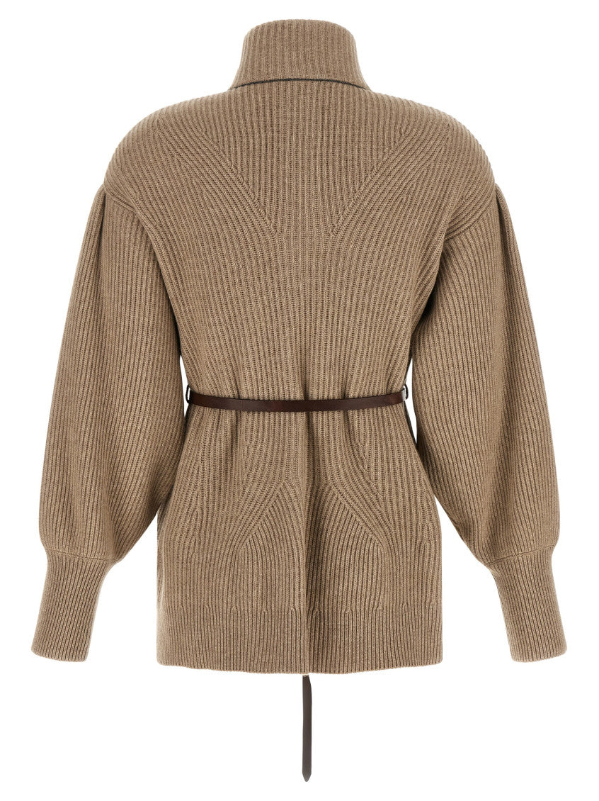 Beige Knitted Mock Collar Cardigan 2