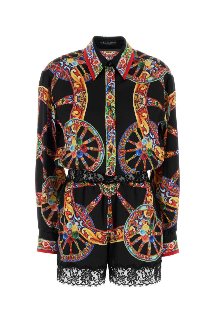 Black Printed Shirt Collar Jumpsuit 1