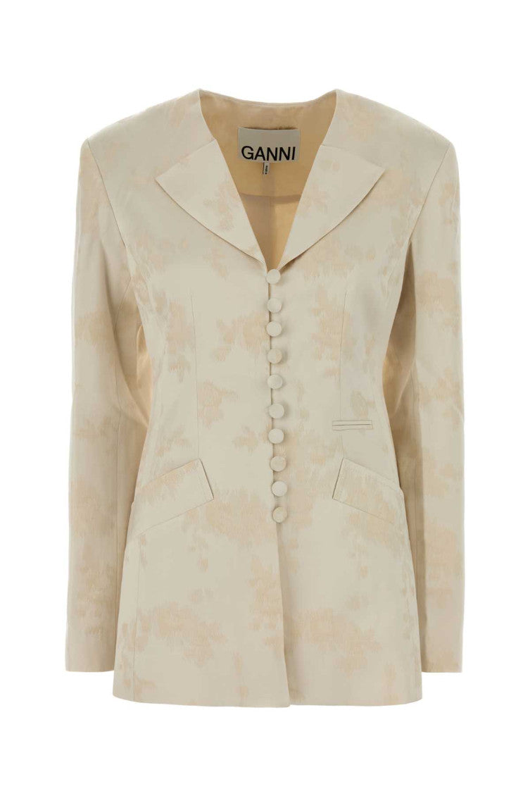 Beige Jacquard Notched Lapel Blazer 1