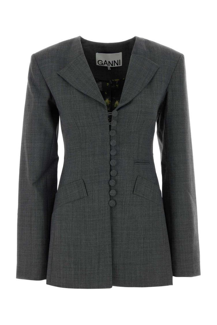 Grey Solid Notched Lapel  Blazer 1