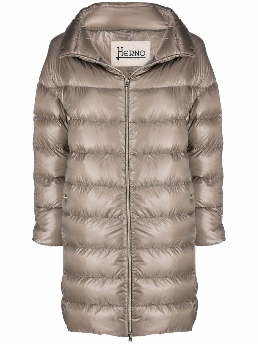 Taupe down-feather mid-length coat 1