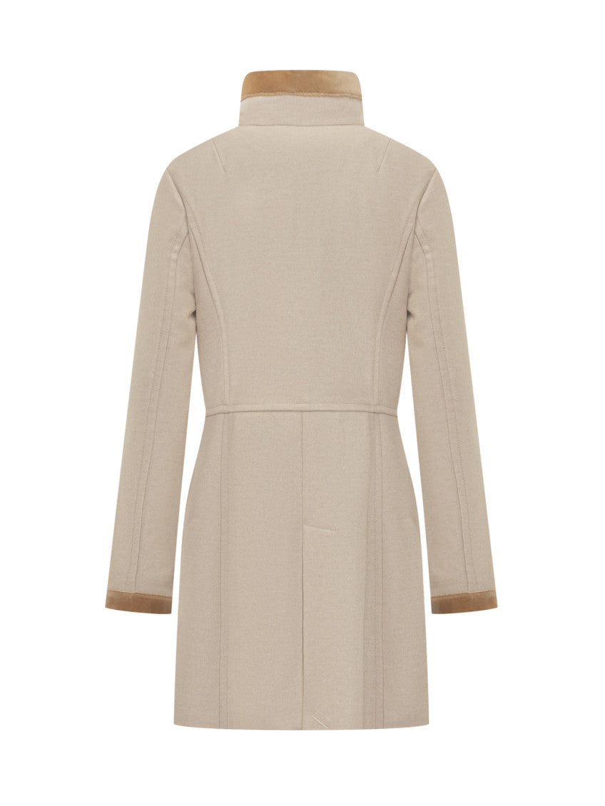 Beige Solid Band Collar Trench Coat 2