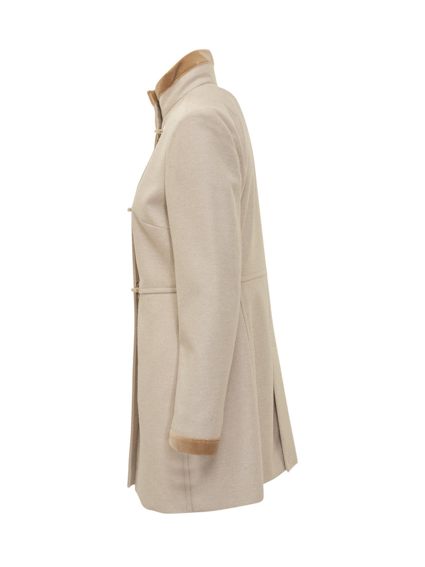 Beige Solid Band Collar Trench Coat 3