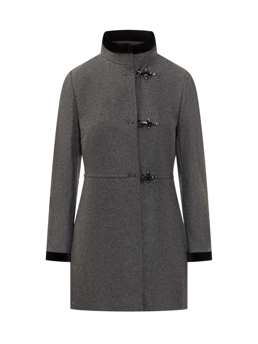 Grey Solid Mandarin Collar Trench Coat 1