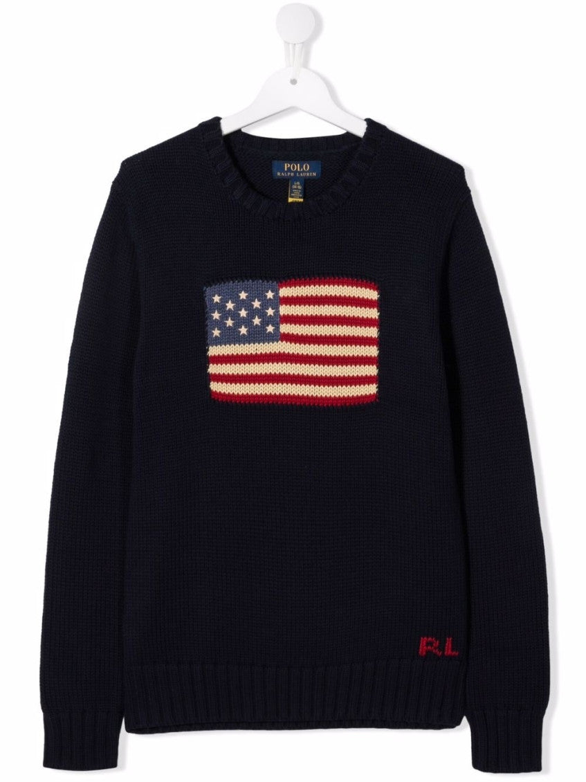 Boys Navy Blue Flag Crewneck Sweater 1