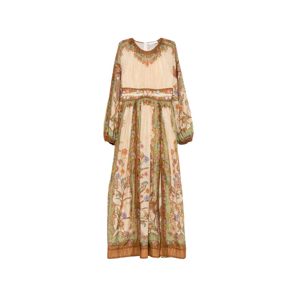 Beige Floral Round Neck Maxi Dress 1