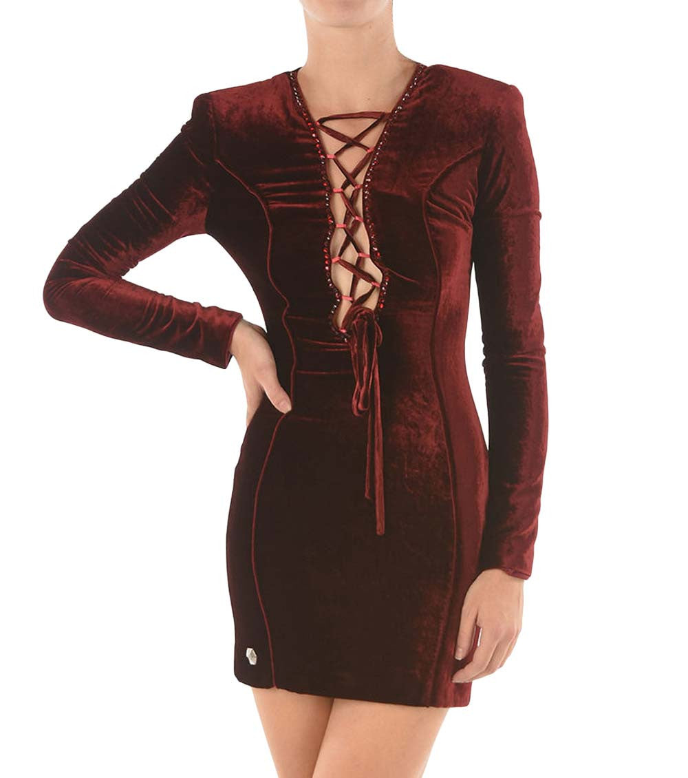 Maroon Lace-Up Detail Velour Dress 1