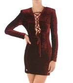 Maroon Lace-Up Detail Velour Dress 1