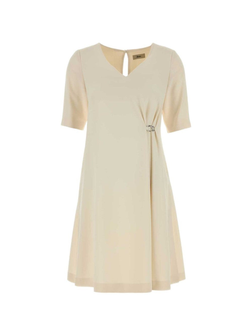 Beige V-Neck Midi Dress 1
