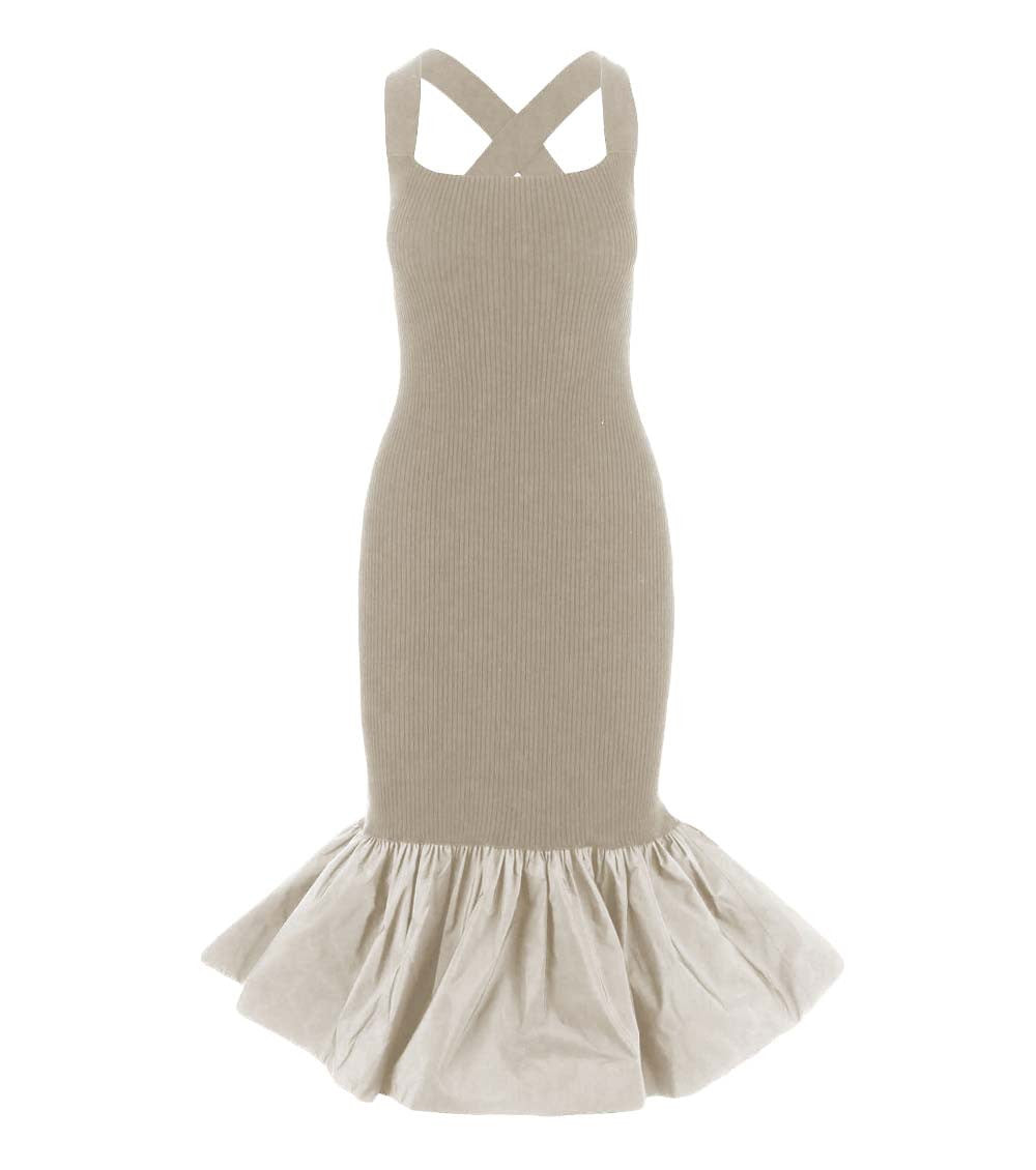 Beige Ruffled Knitted Midi Dress 1