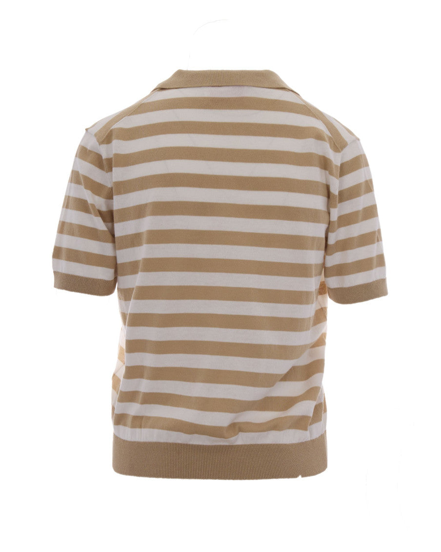Beige Stripes Shirt Collar Polo 2