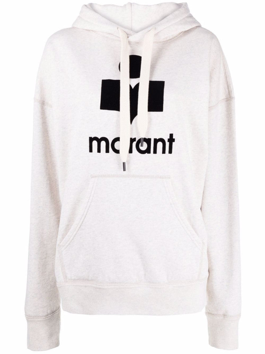Beige Cotton Mansel hoodie sweatshirt with black front logo. 1