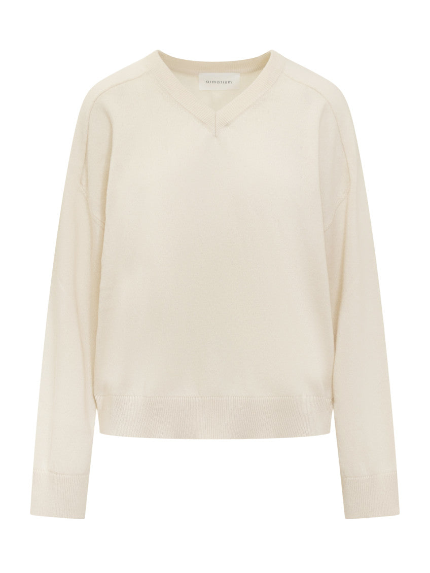 White Solid V Neck Sweater 1
