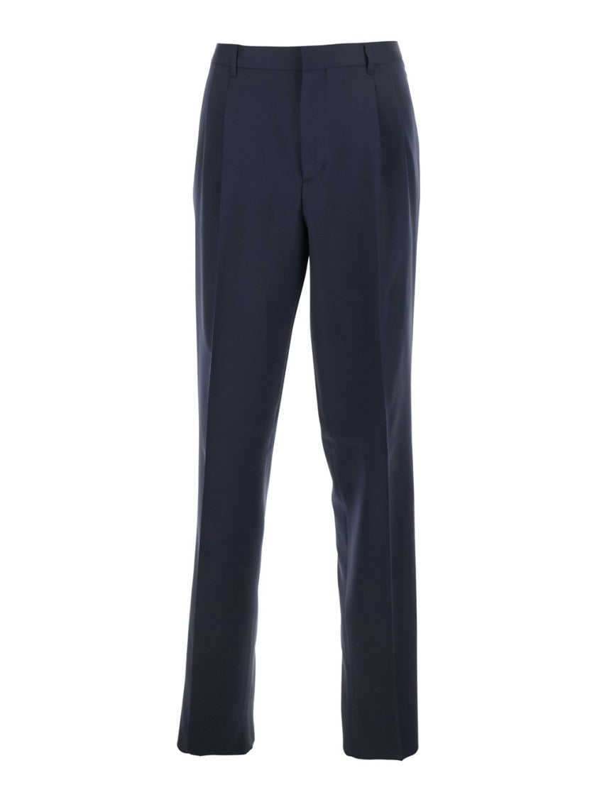 Navy Blue Pleated Wool Trousers 1