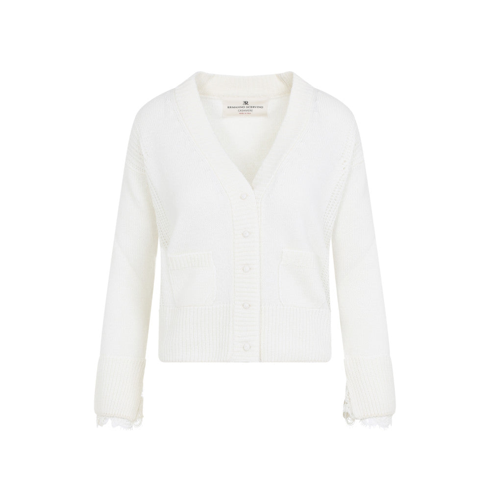 White Knitted V Neck Cardigan 1