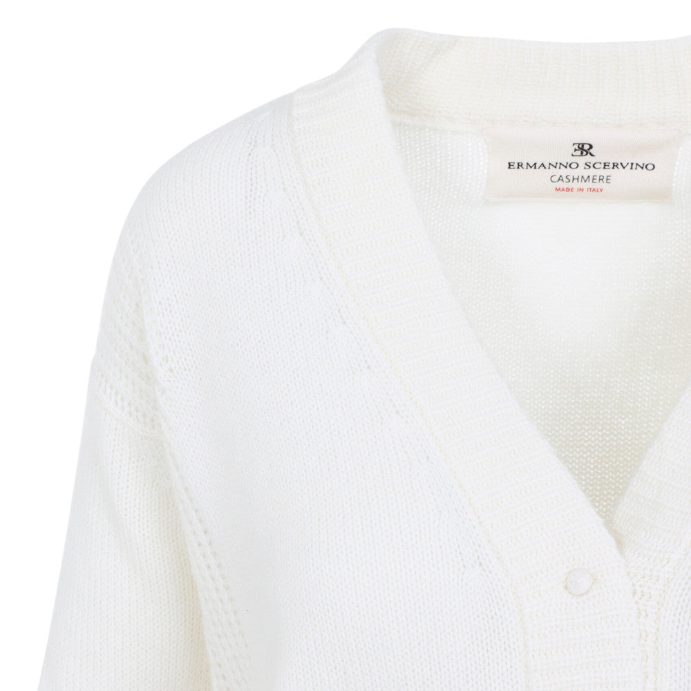 White Knitted V Neck Cardigan 3