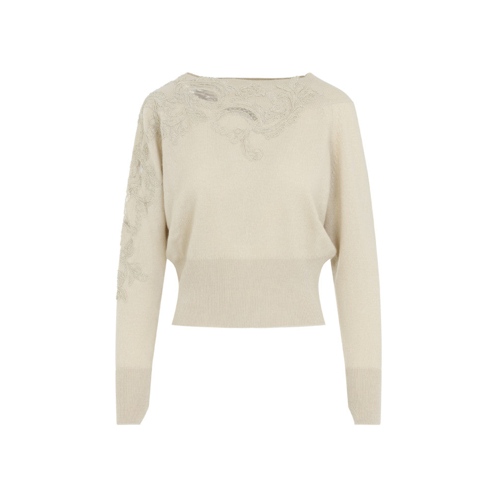 Cream Embellished Boat Neck Sweater 1