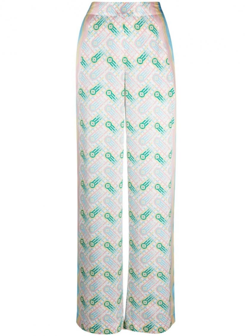White Printed Silk Straight Leg Trousers 1
