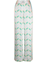 White Printed Silk Straight Leg Trousers 1