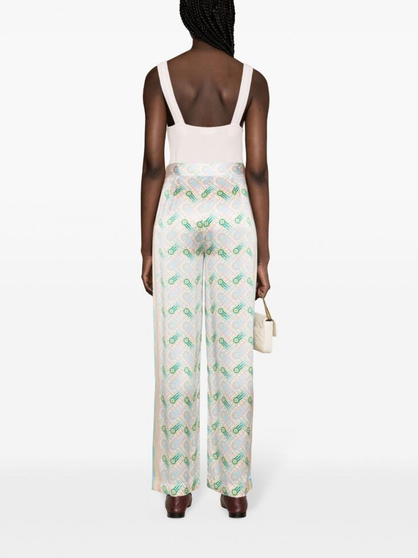 White Printed Silk Straight Leg Trousers 3