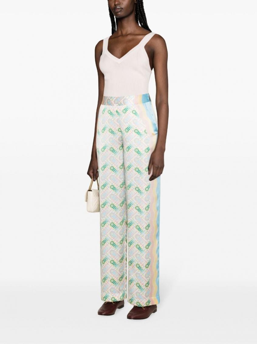 White Printed Silk Straight Leg Trousers 4