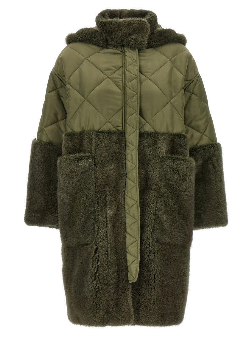 Green Nylon Diamond-Visone Long Down Jacket 1