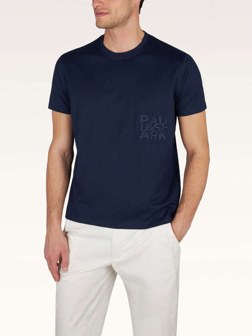 Navy Blue Crew Neck Embroidered T-Shirt 2