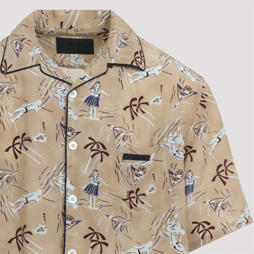 Beige Printed Bowling Shirt 5