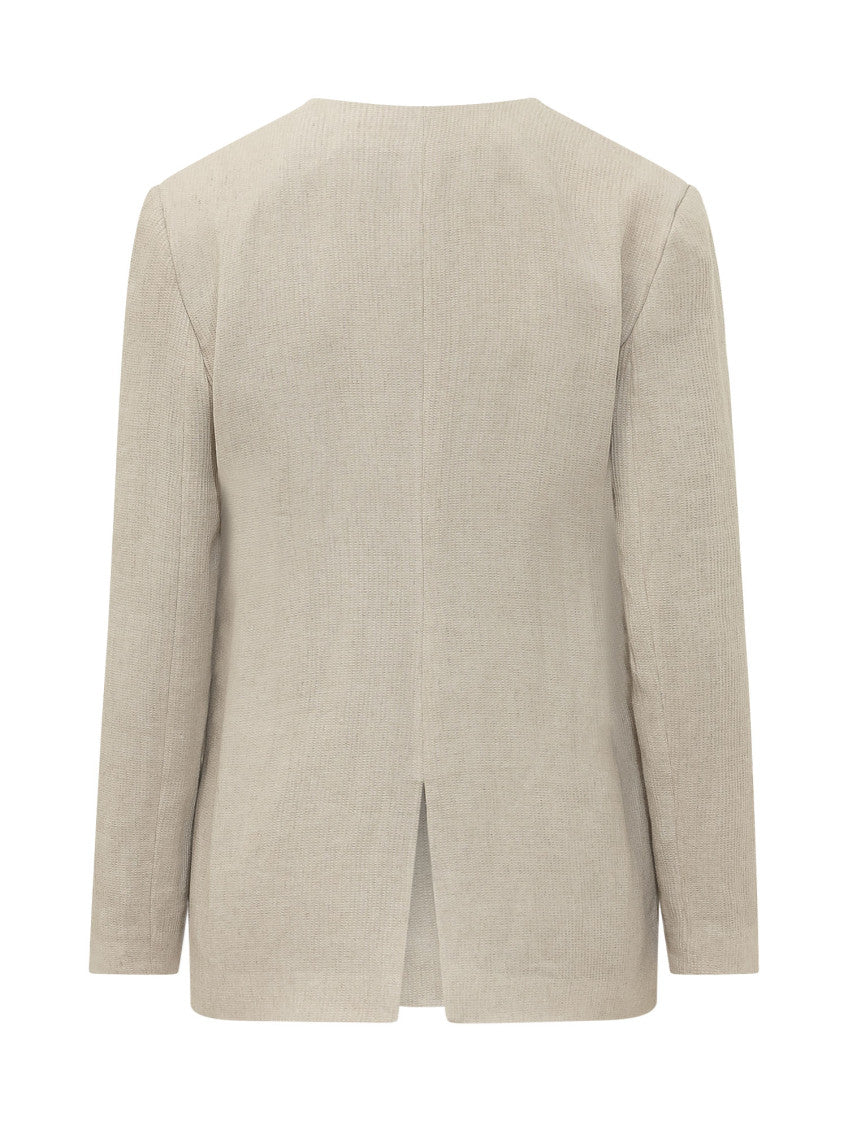 Beige Solid V Neck Blazer 2