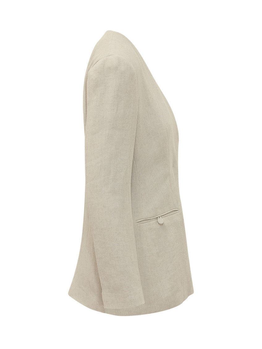 Beige Solid V Neck Blazer 3